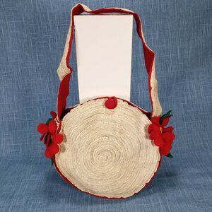 1950's White Rattan Circular Purse with Red Felt Flowers